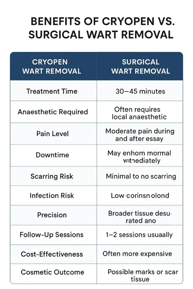 Table showing the benefits of cryopen to remove warts Somerset compared to surgical treatment